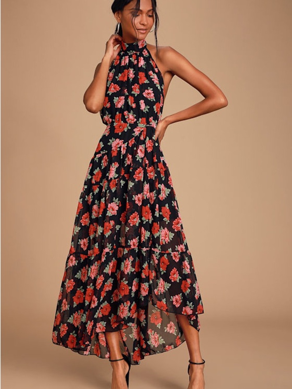 Lulus Jane Anne Black Floral Print Halter Maxi Dress Open Back S